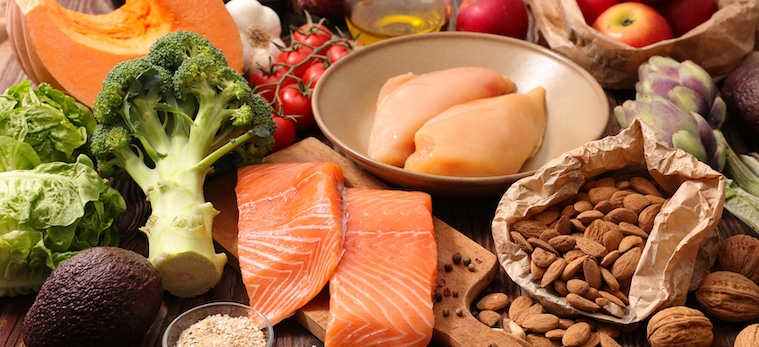 Fish, nuts, vegetables and other healthy food.