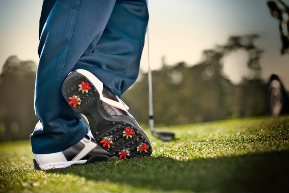 Sprigs on the sole of a pair of golf shoes